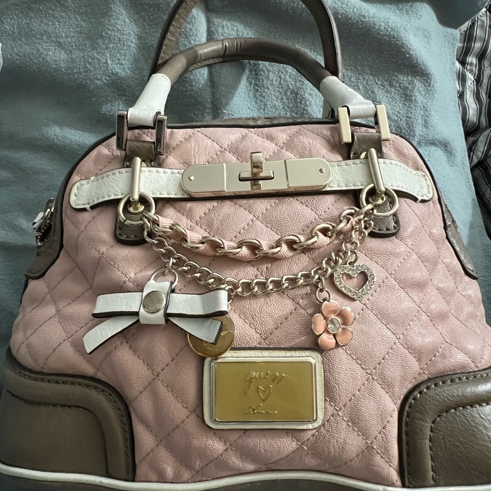 Guess Pink Quilted Mini Handbag with Chain Accents